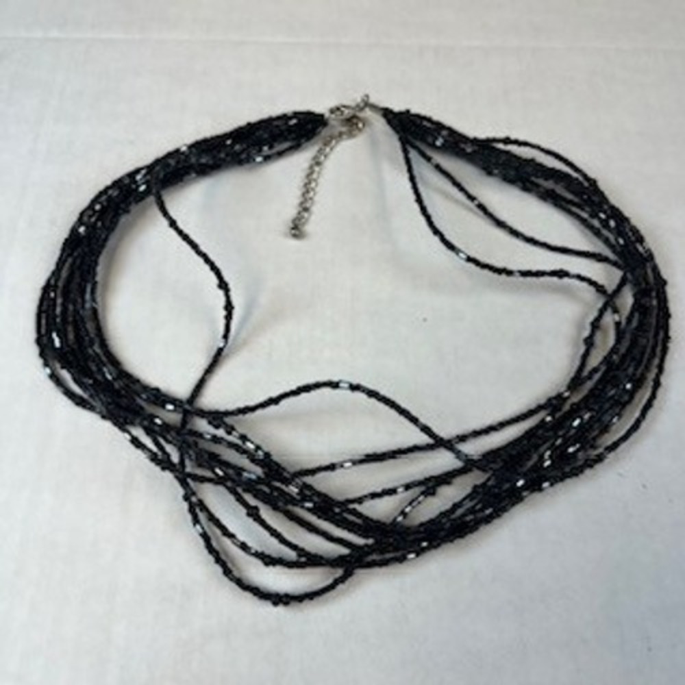 Black Multi Strand Seed Bead Necklace Silver‎ Tone Accents Adjustable 22 Inch